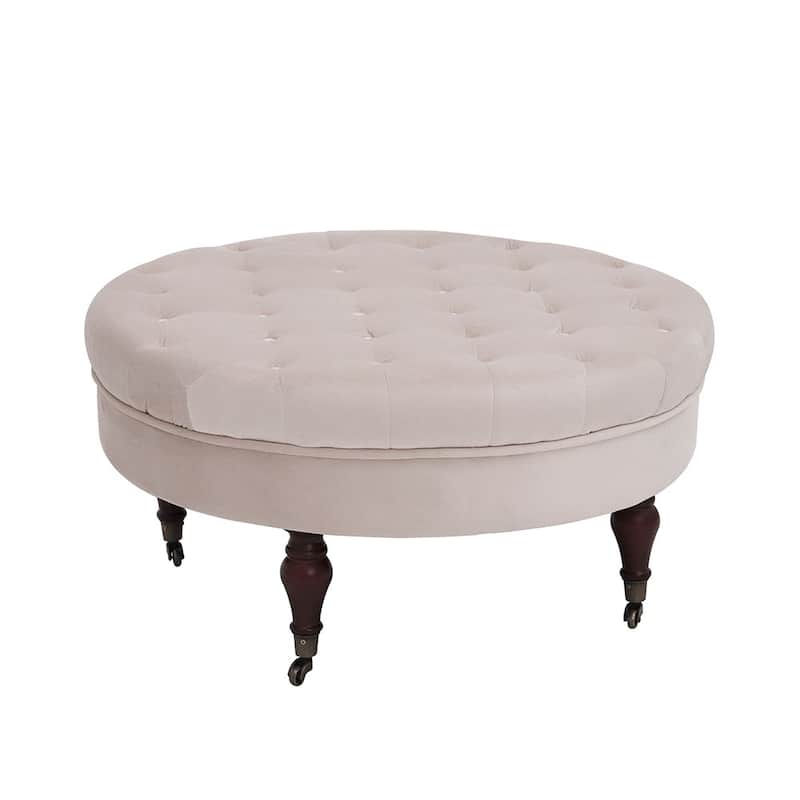 Maypex 32-inch Tufted Velvet Round Cocktail Ottoman with Wheels - Beige