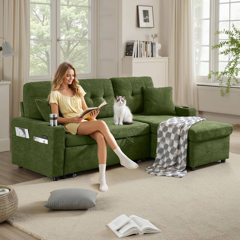 Reversible Sectional Sofa Couch,Sleeper Sofa Bed with Storage Chaise Pull Out Couch for Living Room,USB Charge,Cup Holder