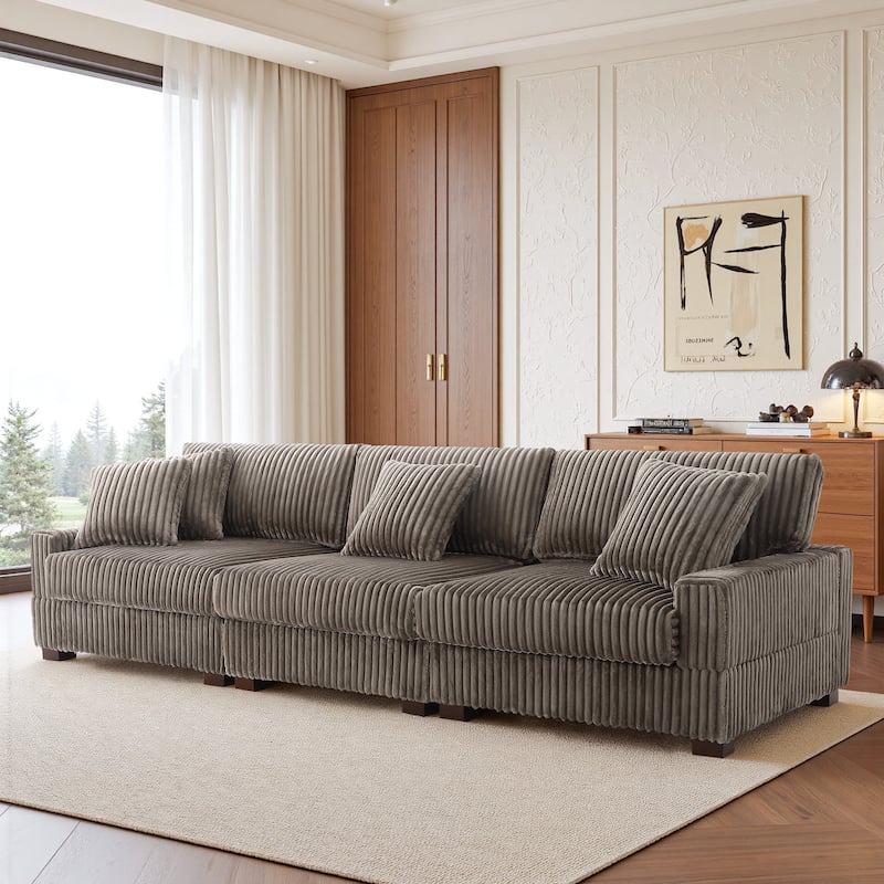 118" W Upholstered Plush Corduroy 3 Seater Sectional Sofa Couch