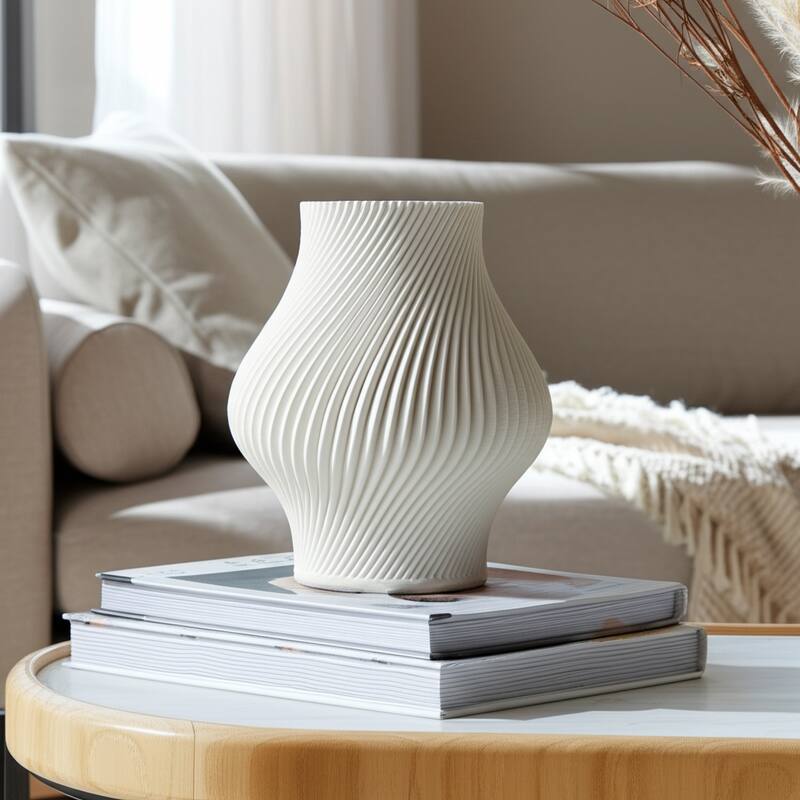 Porcelain Vase with Ribbed Contemporary Design and Curved Silhouette