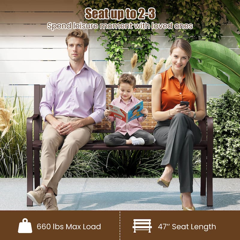 Costway Patio Garden Bench Steel Frame Rattan Backrest Park Yard - 21" x 51" x 33" (L x W x H)