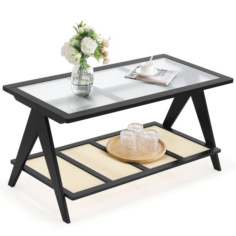 2-Tier Rectangular Coffee Table, Glass Top Sofa Table - 39.4"L x 19.7"W x 19.7"D