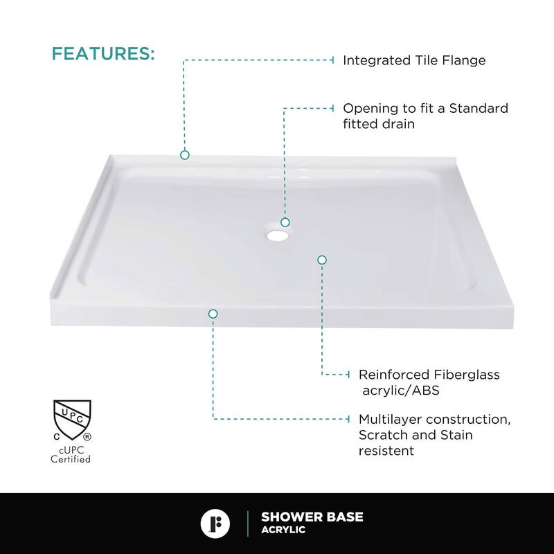 Fine Fixtures Double Threshold Acrylic Shower Base - Non-Slip Textured Surface Shower Floor Pan in White