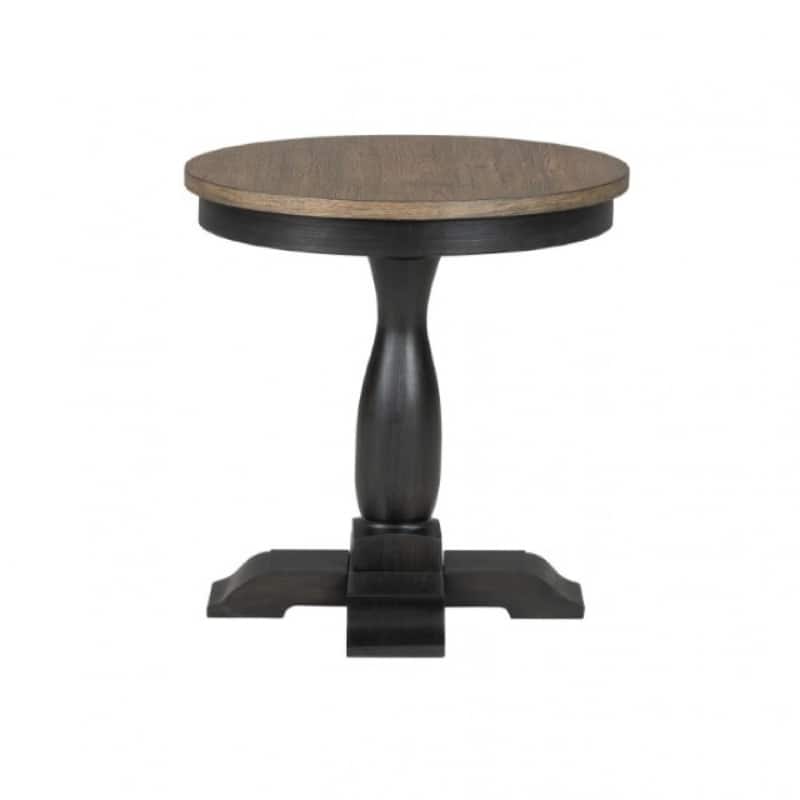 Ginie Round End Table, Rustic Black Brown Solid Rubberwood, 24 Inch