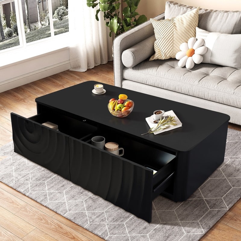 Mid Century 47" Rectangle Coffee Table with Unique Wave Texture and Safe Rounded Corner Design for Living Room