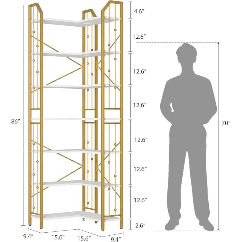 86" 7 Tier Industrial Corner Bookshelf, L-Shaped Bookcase - N/A