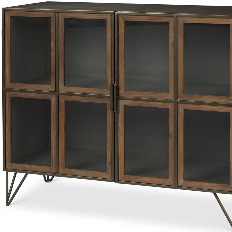 HomeRoots 37" Antiqued Brass and Brown Metal and Solid Wood Accent Cabinet With Two Doors