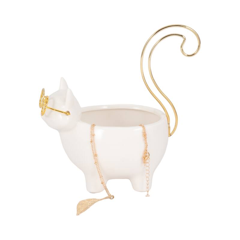 Sagebrook House Kitty Trinket Tray, White and Gold Ceramic Jewelry Holder/Organizer for Bathroom, Nightstand, Decor