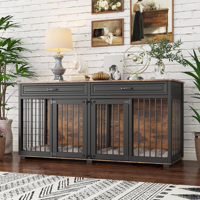Furniture Style Double Dog Crate with Drawers, 64.6" Wooden Pet Kennel End Table, Removable Divider, Heavy Duty Metal Bars