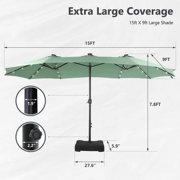 dimension image slide 11 of 15, MAISON ARTS 15-foot Rectangular Crank Double-sided Outdoor Market Umbrella Solar LED Lighted Patio Umbrella with Base Included