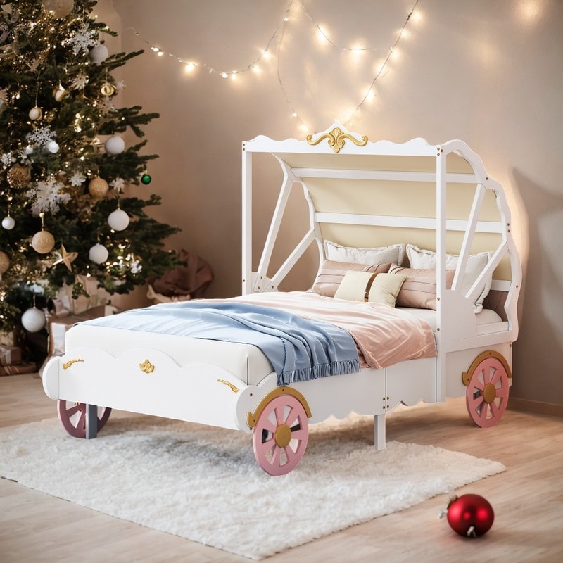 Twin Size Platform Car Bed Princess Carriage Bed with Canopy 3D Carving Pattern
