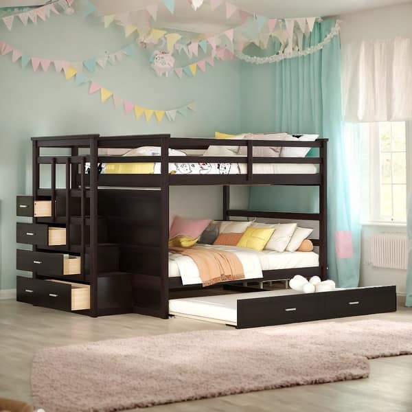 slide 2 of 13, Full Over Full Elegant Bunk Bed with Twin Size Trundle & Staircase,Built-In Storage,Sophisticated & Practical Bunk Bed Espresso