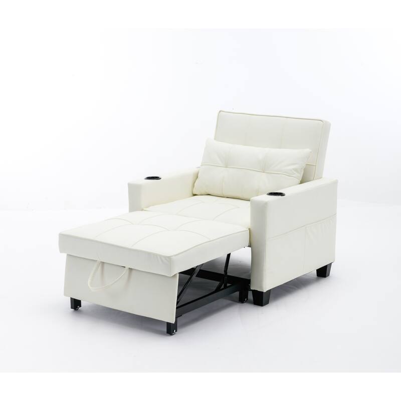 Leather Futon Armchair Bed with USB, Cup Holders & 3-Position Backrest
