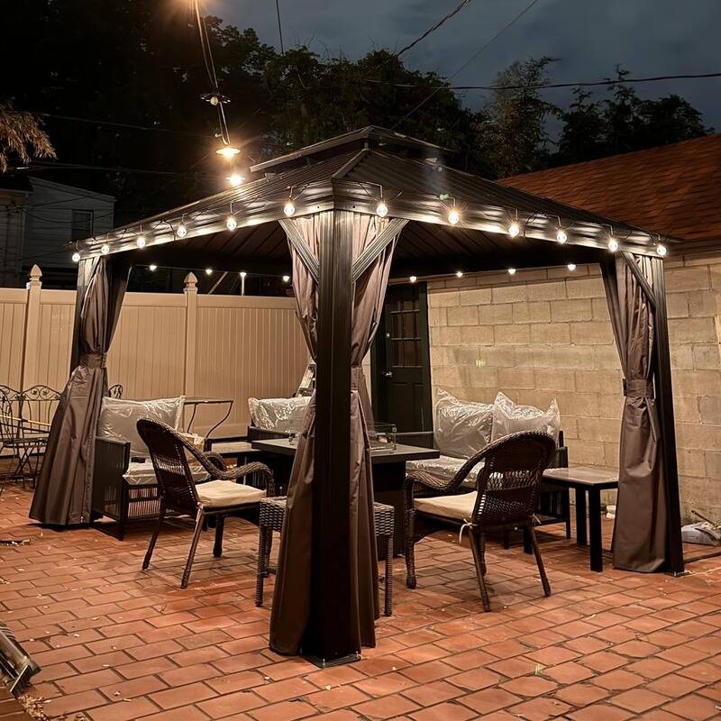 PURPLE LEAF Outdoor Galvanized Steel Hardtop Gazebo, Aluminum Frame Gazebo With Curtains and Light