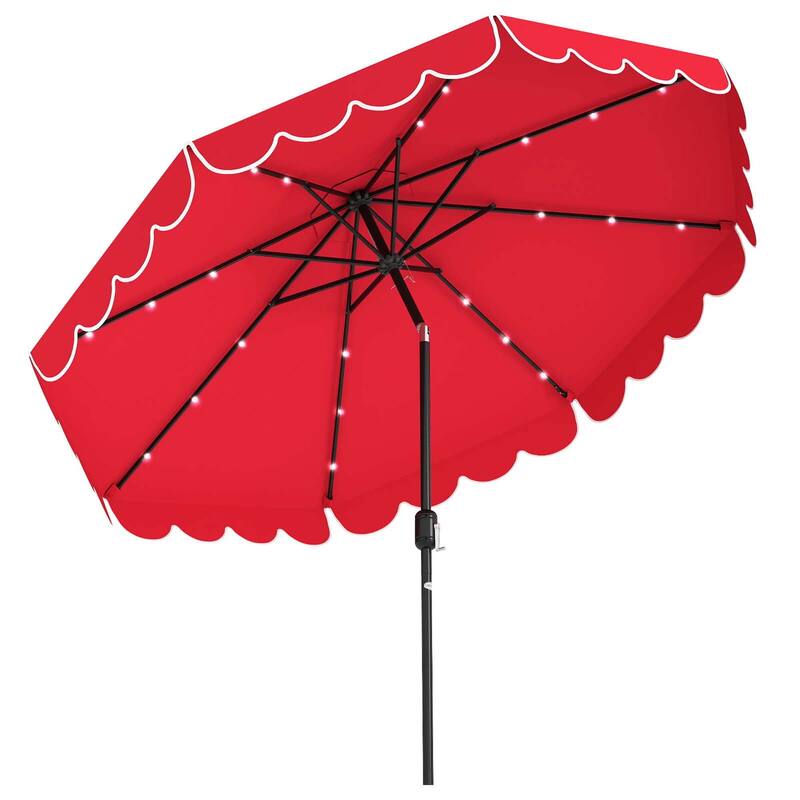 10 FT Patio Umbrella w/ Solar Lights Market Sunshade w/ Ruffles - Red