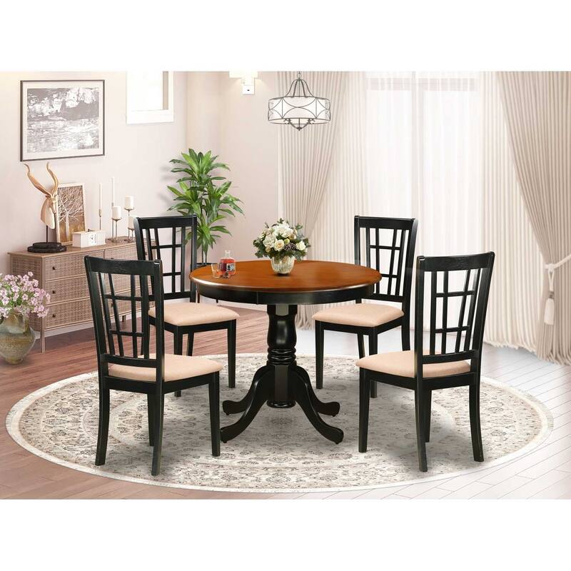 5-Piece Round Black Finish Solid Wood Top Dining table with 4-Chairs with