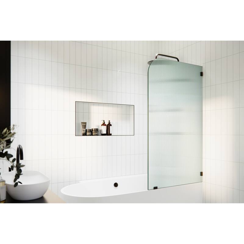 Aurora 58.25 in. x 30 in. Frameless Bath Shower Door - Single Fixed Panel Fluted Frosted Radius Right Hand - Oil Rubbed Bronze