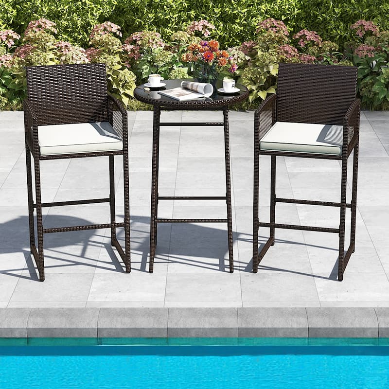 3-Piece Mix Brown Rattan Outdoor Patio Bar Set with Off White Cushions and 2 Chairs Included Table - 20.5" x 19.5" x 44"
