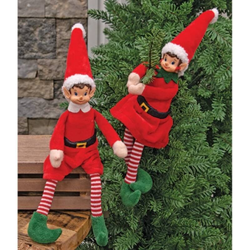 Christmas Elf Plush Figures with Weighted Bottoms and Long Legs Holiday Shelf Decor 2 Asstd. - 14" H x 2.5" W x 1.5" D