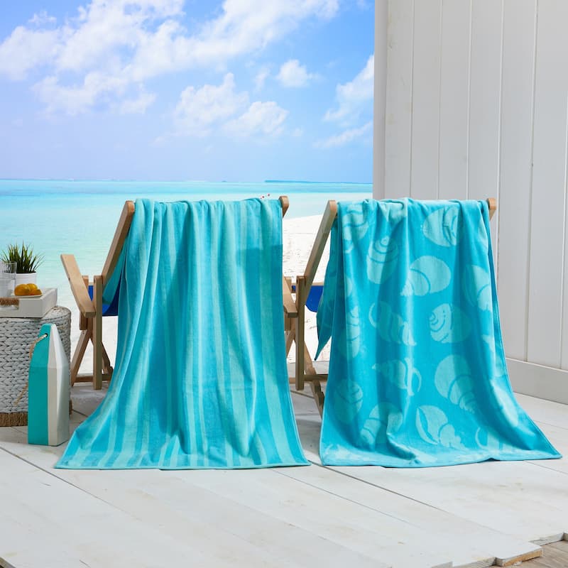 Linery & Co. 100% Cotton Jacquard 2 Pack Summer Beach Towels - 2 Pack- 30" x 60" - Aqua Shell & Stripe