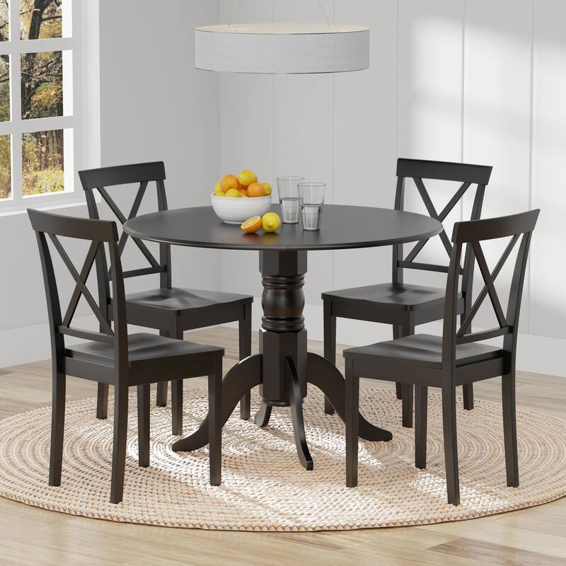 5-Piece Dining Set, 42" Round Drop-Leaf Table and X-Back Chairs