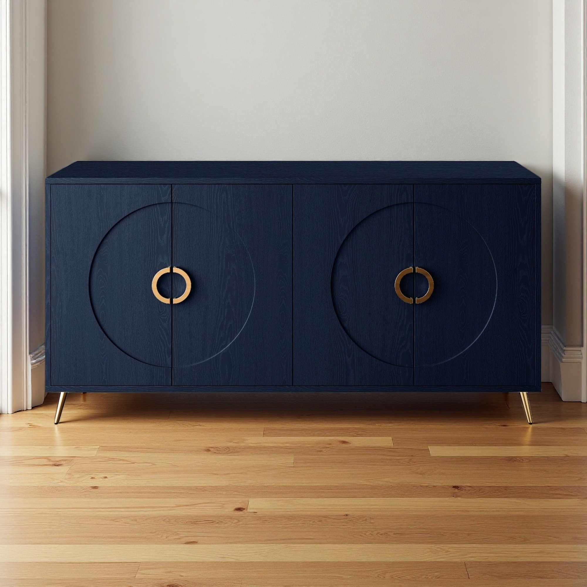 Modern 4-Door Black Wooden Cabinet Sideboard Buffet Storage with Adjustable Shelves & Metal Legs for Living Room, Entryway