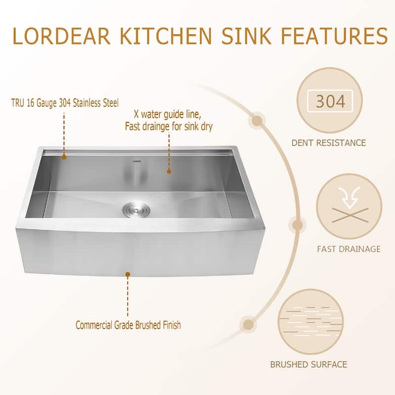 30/33/36 inch Apron Front Farmhouse Single Bowl Stainless Steel Kitchen Sink