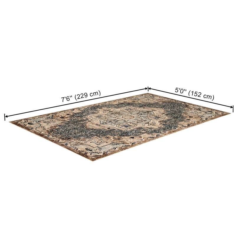 ECARPETGALLERY Esmira Traditional Machine Washable Blue & Beige Area Rug