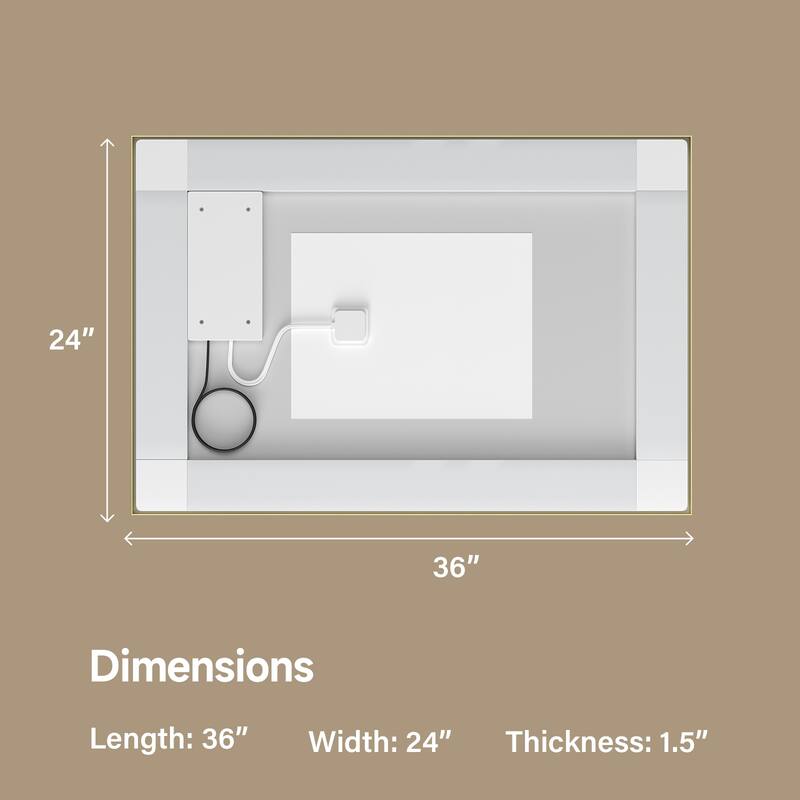Gold Metal LED Vanity Mirror with Tempered Glass, Defog and Dimmable Lights - 36” W x 24” H
