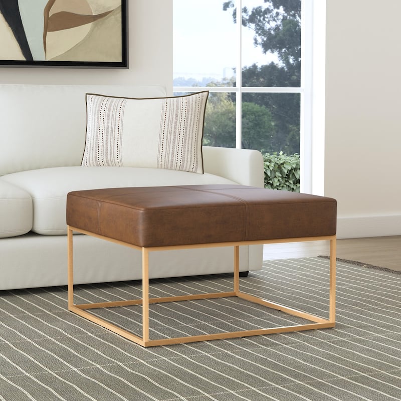 HomePop Square Metal Frame Ottoman - Brown Faux Leather