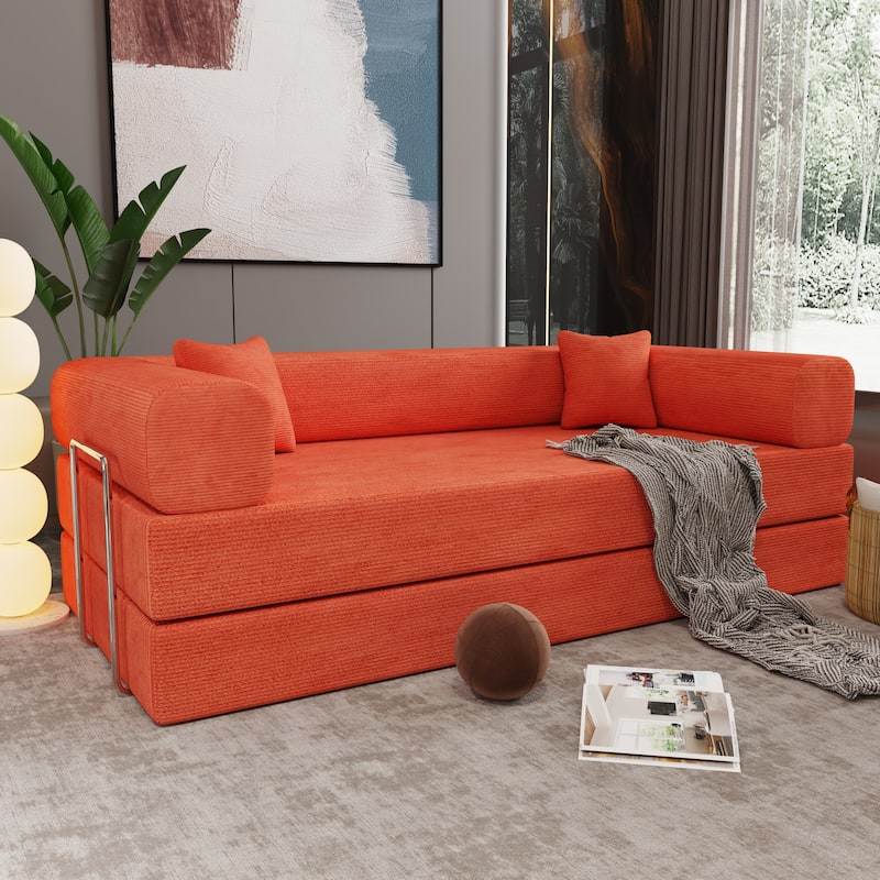 79" Tangerine Corduroy & Foam Double Sofa Bed with Soft Pillows - Multi-Color