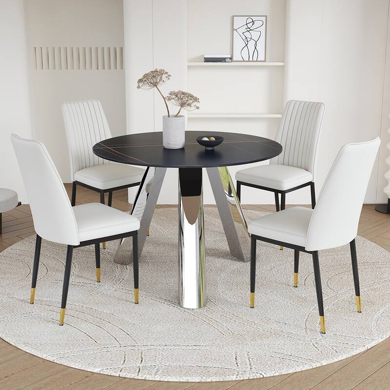 A 42-Inch Round Black Dining Table With A Granite Top And Stainless Steel Legs, Paired With Four Pu Material Dining Chairs - White