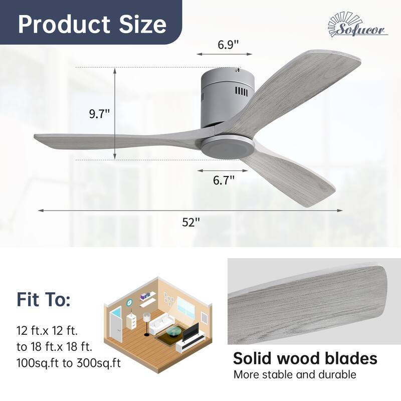 Sofucor 52 Inch Solid Wood Flush Mount Indoor Ceiling Fan without Light,Remote Control,Smart Optional
