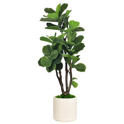 Artificial Fiddle Leaf Fig Tree in White Decor Pot, Faux Green Plant