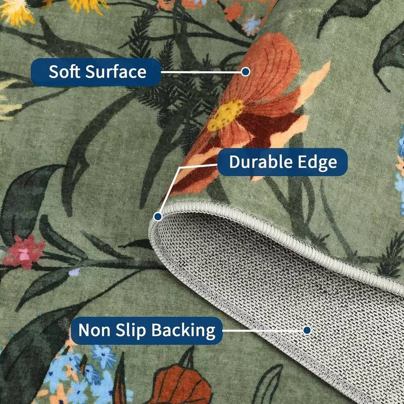 Modern Living Room Rugs Floral Rustic Area Rug Soft Foldable Accent Rug Low Pile Non-Slip Rug for Dining Room Office