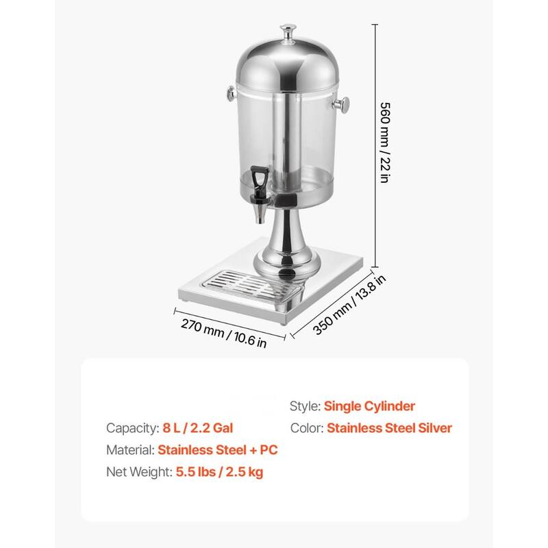 2.1 Gallon Stainless Steel Beverage Dispenser with No Drip Spigot and Ice Chamber for Events or Hotels