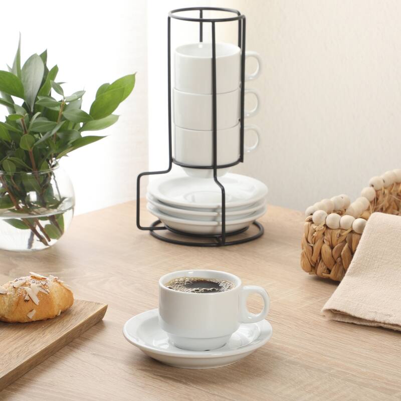 Gibson Home Gracious Dining Cups and Saucers Set of 4, Stackable Coffee Set with Metal Stand for Espresso and Cuppuccino
