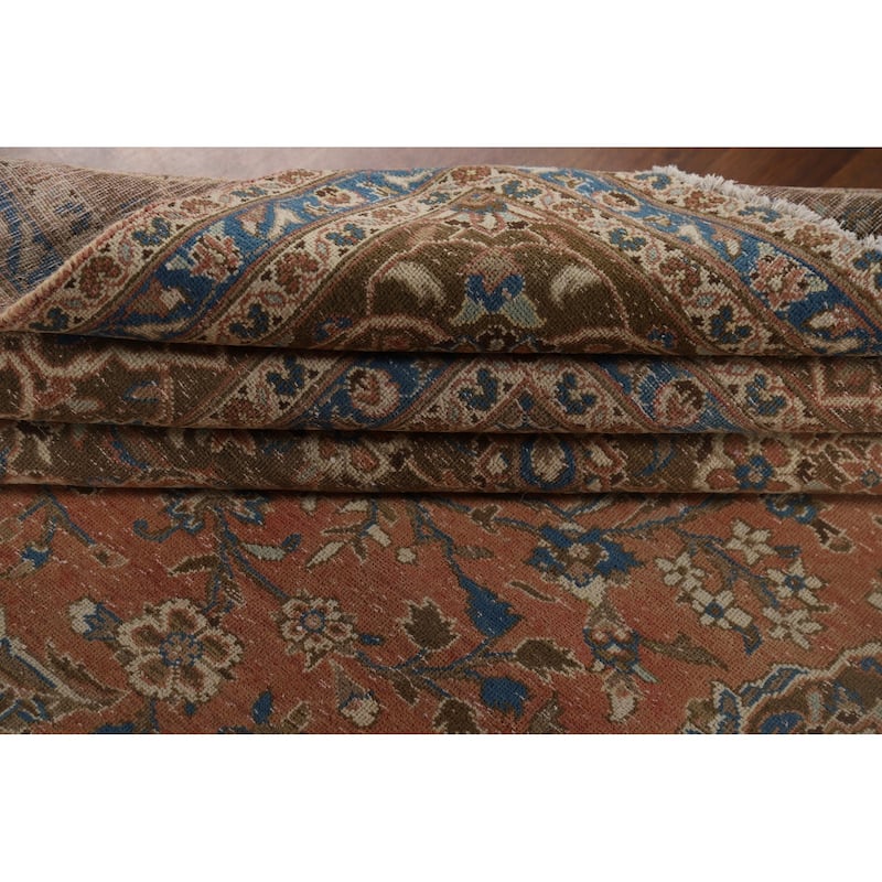 Distressed Mashad Vintage Persian Area Rug Hand-Made Wool Carpet - 9'7" x 13'2"