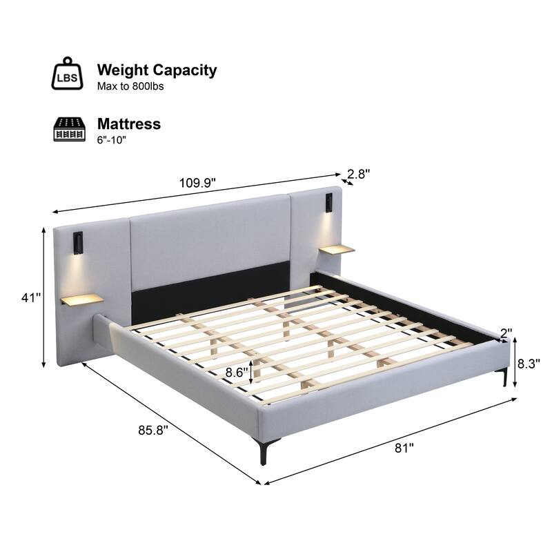 Grey Linen Platform Bed Upholstered Wingback Big Frame Bed with Bedside Lights and Shelves Storage Bed, Chic Panel Bed