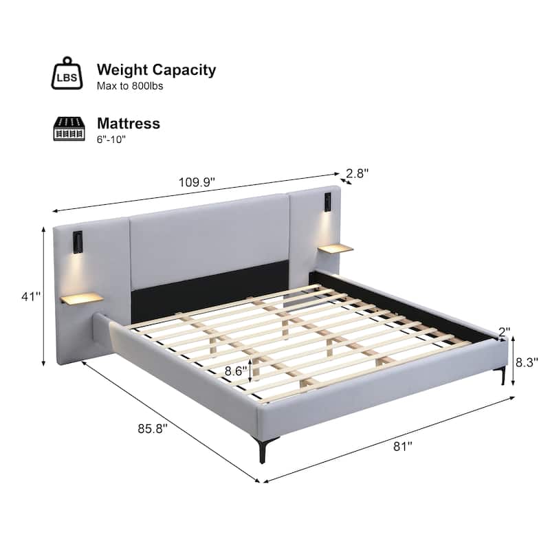Linen Upholstered Bed Wingback Bed with Bedside Lights and Convenient Shelves Storage Bed Platform Bed with Iron Legs