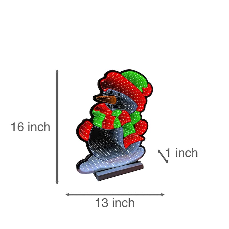 3D LED Lighted Snowman Christmas Infinity Mirror on Wooden Base - 16"