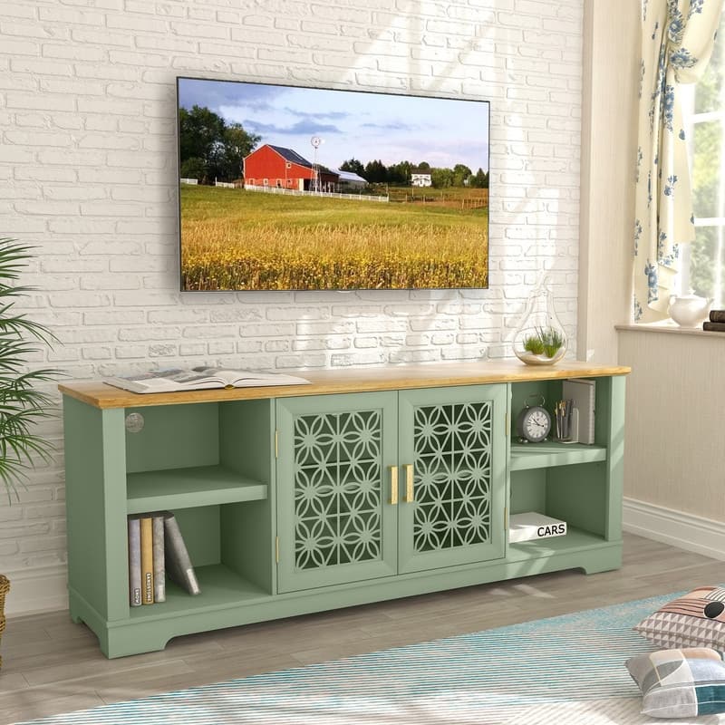 70 in. Decorative Floral Door TV Stand for Tvs up to 82 in. - Green