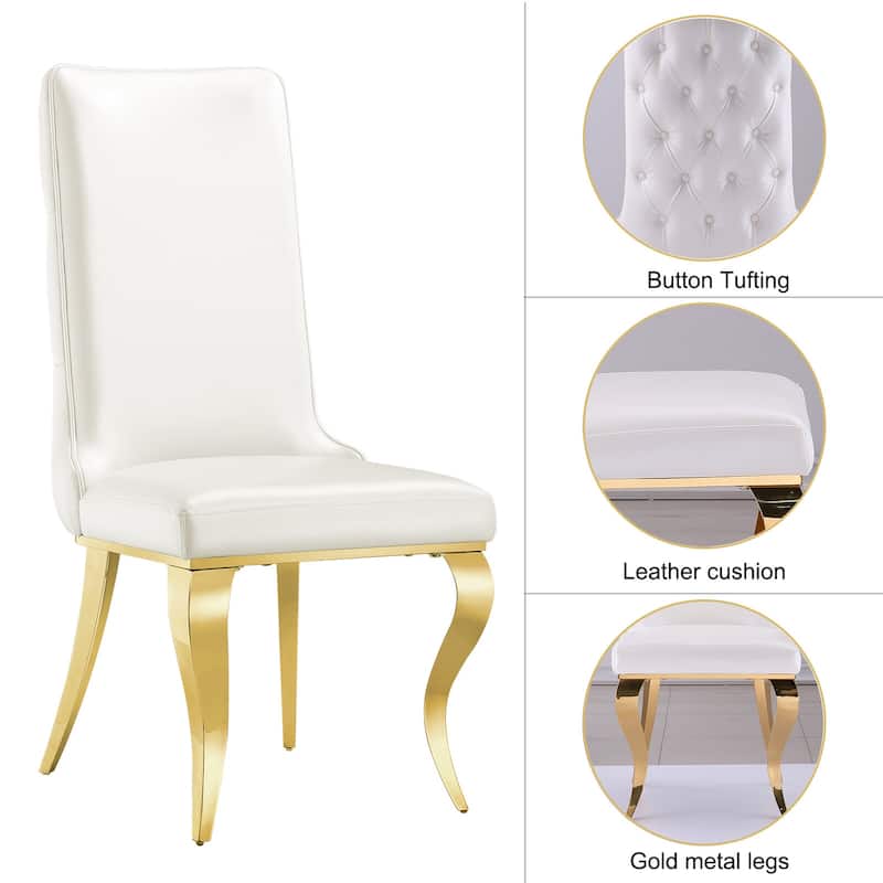 White Tufted Dining Chairs with PU Leather Upholstered and Polished Gold Legs
