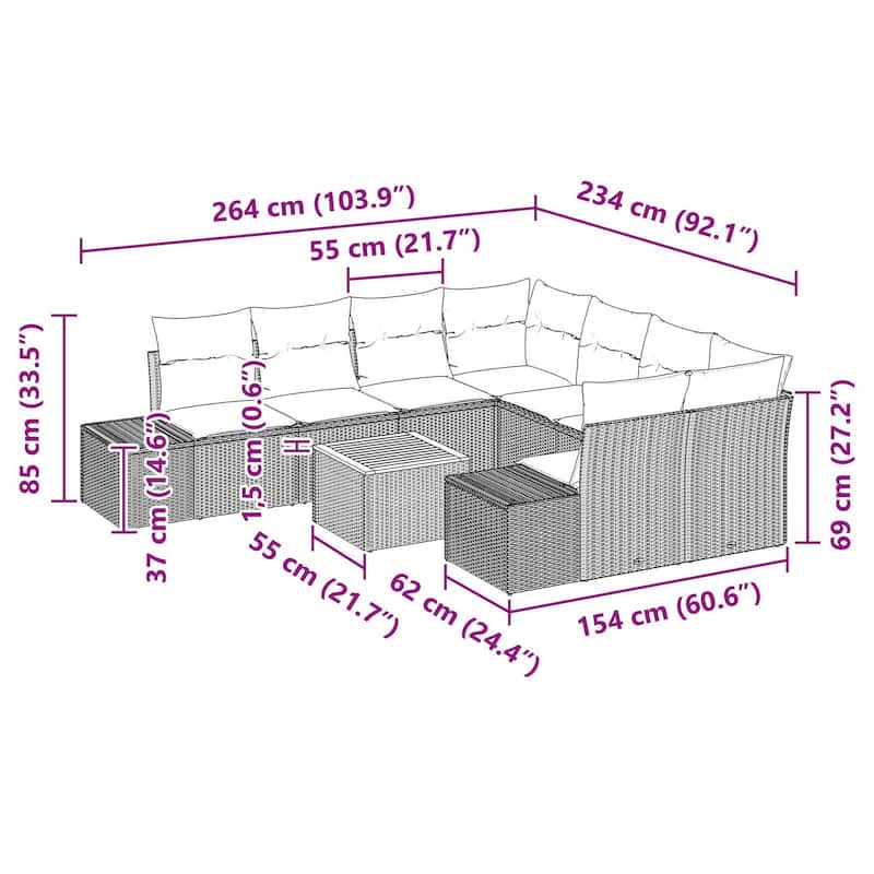 vidaXL 9 Garden Sofa Set with Cushions Black/Grey Poly Rattan - 103.9 x 92.1 x 27.2