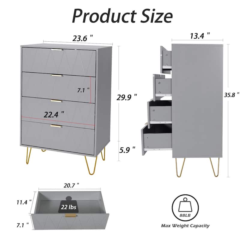4 Drawers Chest Of Dresser Tall Storage Tower Cabinet with Metal Legs For Bedroom Living Room