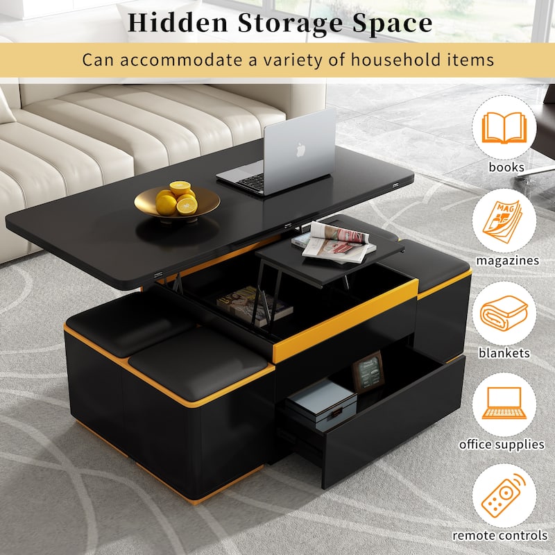 Lift-Top Coffee Table with 4 Stools - Space-Saving, Foldable, Multi-Functional