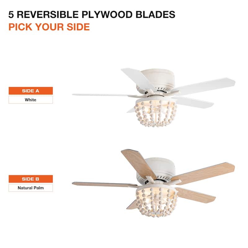 48" French Country White Wood Beads Low Profile Ceiling Fan with Remote