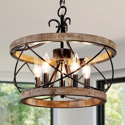 Cusp Barn 5-Light Farmhouse Wood Chandelier Adjustable Handmade Rustic Drum Ceiling Light Fixture Hanging Lamp for Foyer Kitchen