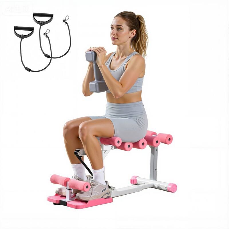 Pink-White Steel Dual-Knee Squat Machine with 3 Resistance Bands and Adjustable Seat - 31.5 x 15.7 x 29.9 in