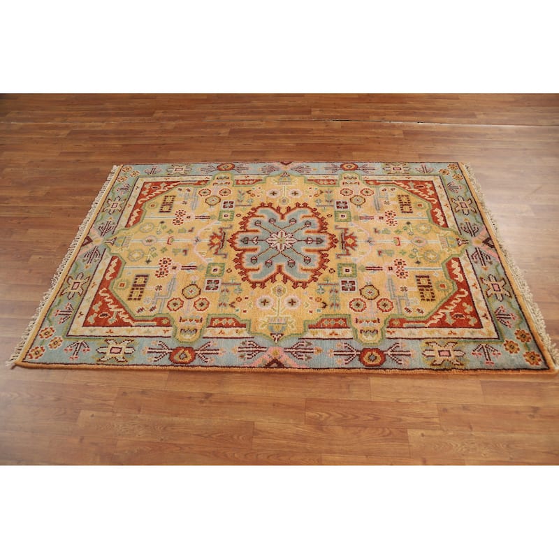 Hand Knotted Oriental 100% Wool Carpet Traditional Geometric Yellow & Gold Heriz (serapi) Area Rug - 5' 10'' X 4' 0''